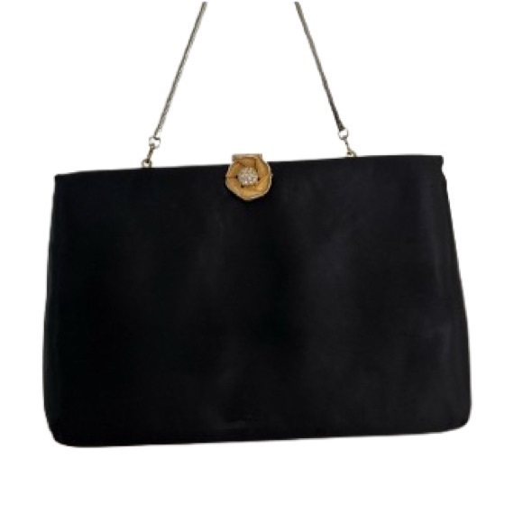 Vintage 1950s Ingber Black Satin Evening Bag w/ Rhinestone Rose Clasp - Picture 1 of 8